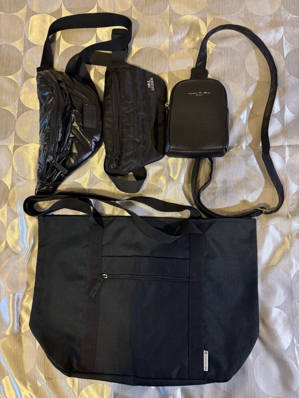Black Assorted waist packs and one tote bag. Mixed Brands
